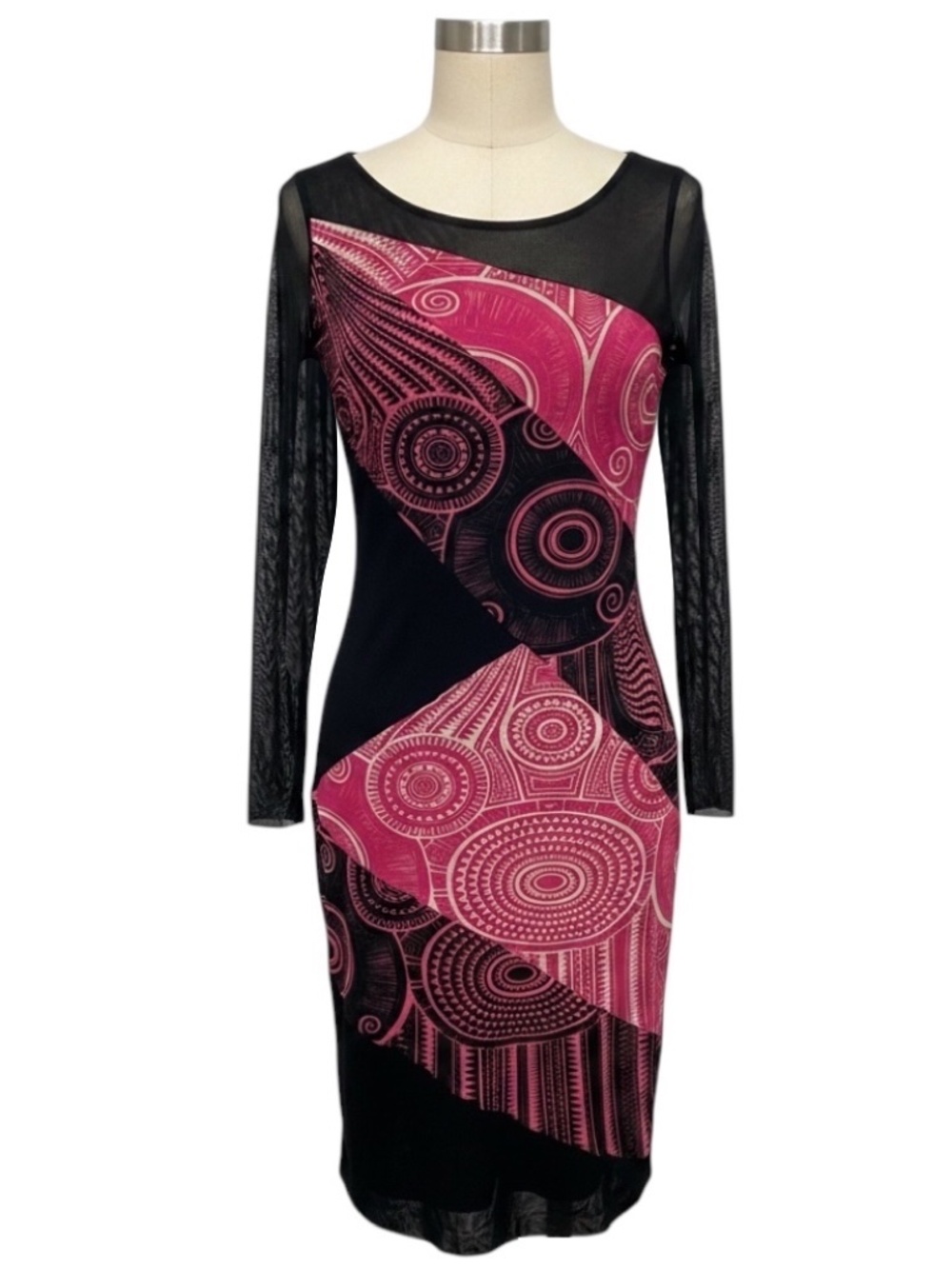 JEAN PAUL GAULTIER SOLEIL BLACK / PINK PRINTED LONG SLEEVED MESH TULLE MIDI DRES
